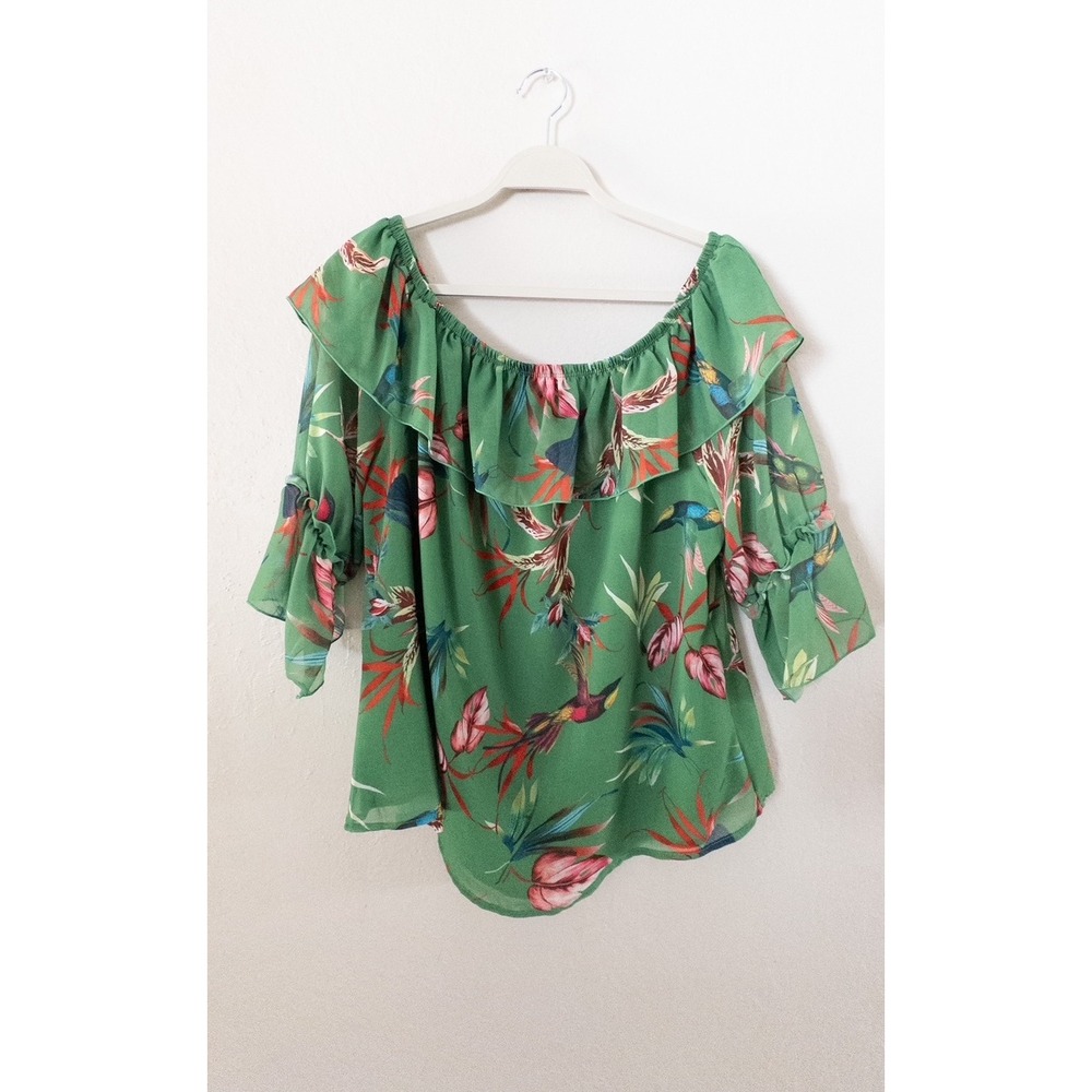 Sweet Pea NY&C Green Tropical Hummingbird Ruffle Off Shoulder Blouse Large NWT